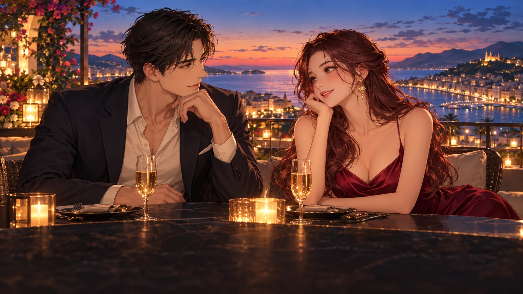 Original anime romance visual novel: an adult couple on a candlelit rooftop date, the woman wearing a burgundy evening dress