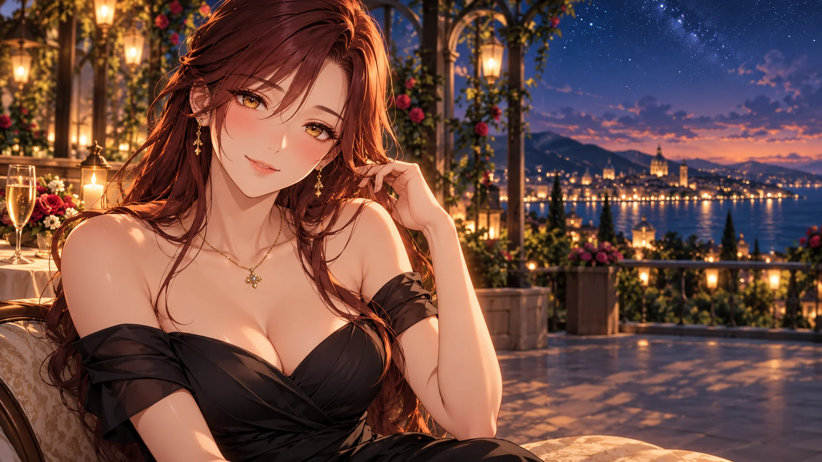 Original visual novel character in a city at sunset