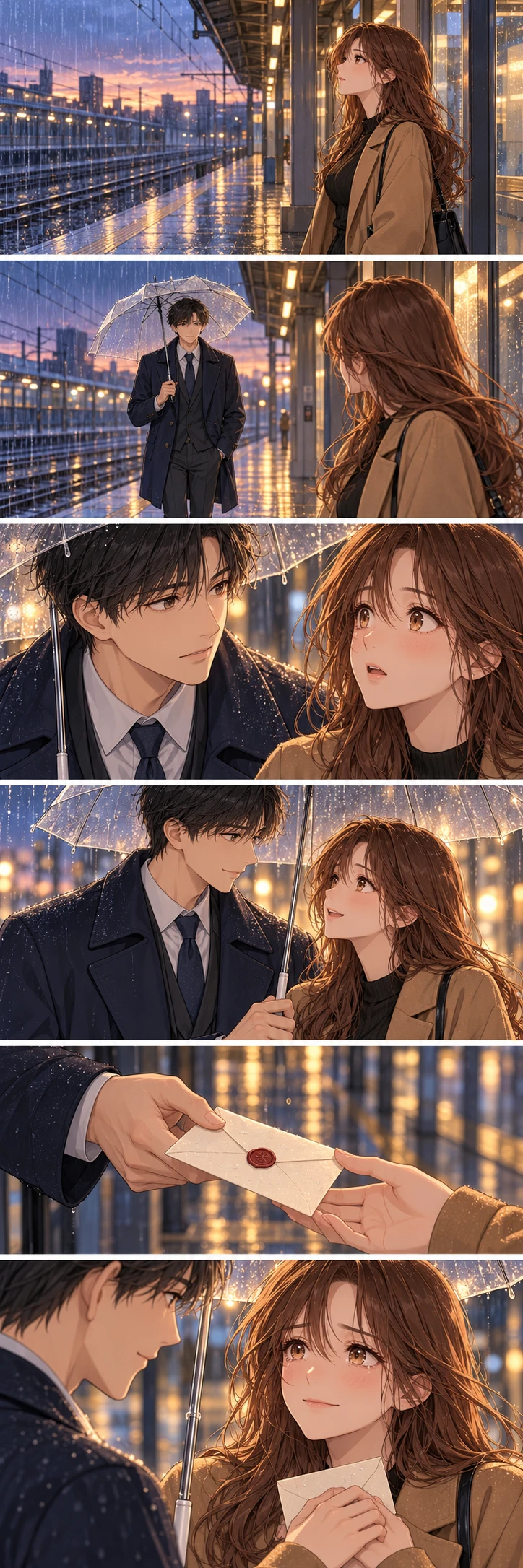 Six-panel original manga: a rainy station reunion and a letter kept for years