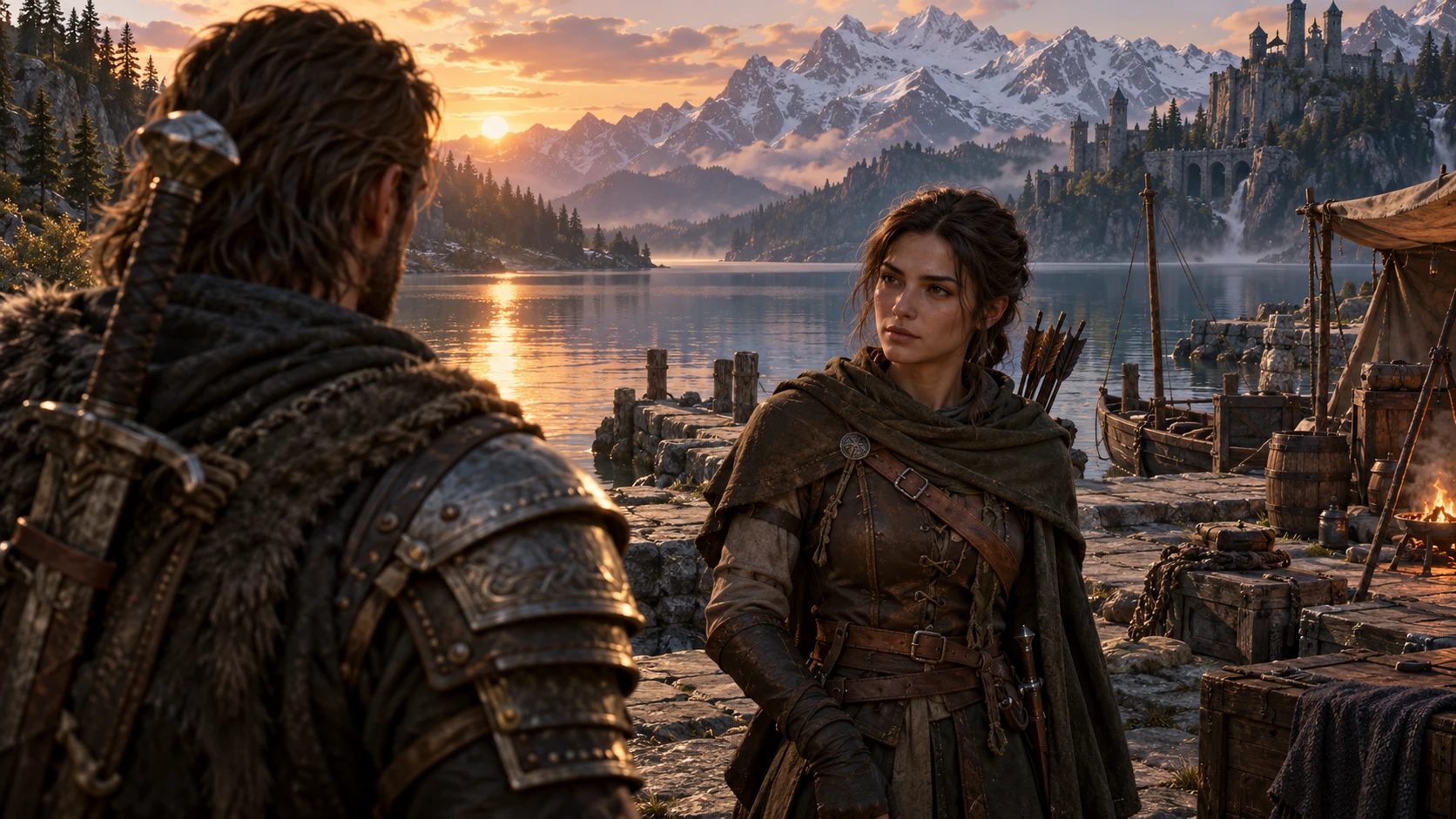 Original realistic RPG scene: a ranger beside an alpine lake at sunset